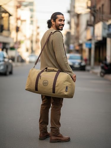 Image of The House of Tara Canvas Travel Duffle Bag | 53 litres | Sports Duffel | Gym Bags | for Men and Women | Detachable Broad Strap | Airline Carry-On Luggage | Oversize (Camel Color)