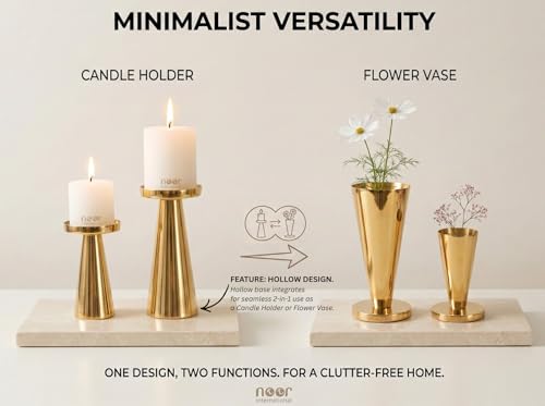 Image of ππππ πππππππππππππ | Metal Pillar Candle Holder Set of 2 | Table Centerpieces Coffee Tables | Candles Stand for Christmas Home Decor Gift | Wedding Gift (Shiny Gold- Set of 2 Pcs)