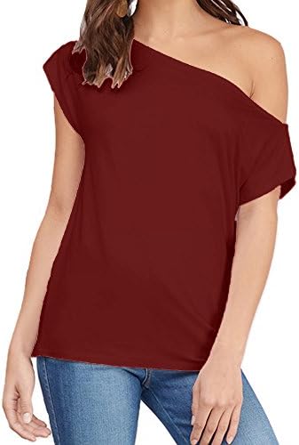 Women's Casual Off Shoulder Lose Sexy Short Sleeveless Blouse Tops T Shirt Burgundy XL