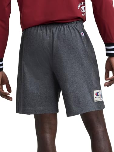 Image of Champion Men's Graphic Lounge Shorts, Standard Fit, 7 Inch Inseam, Script Logo, Lightweight 100% Cotton Jersey