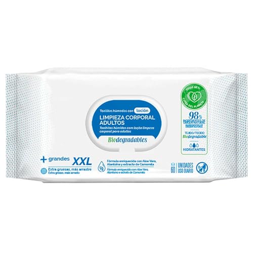 Acan Tradineur - Toallitas húmedas con loción XXL, Limpieza Corporal Adultos, Desechables, biodegradables, Suaves, hidratantes, enriquecidas con Aloe Vera y camomila, 60 uds