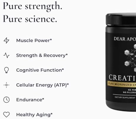 Dear Apothecary Creatine Pure - Micronized Creatine Monohydrate Powder 5g, 60 Servings, 300g, Unflavored, No Fillers, Vegan, Non-GMO, Gluten Free, Made in USA