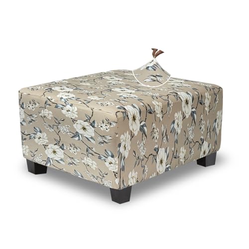 TOPHMDECOR Ottoman Cover Square Slipcovers Printed,Stretch Footrest Stool Cover for Ottoman Square,Soft Foot Stool Cover Protector with Nonslip Elastic Bottom (Large,Flower A)