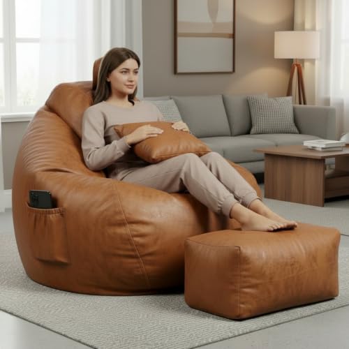 Image of KAM'S LIEU 5XL Premium Imported Suede Bean Bag Chair with Footrest & Cushion | Filled with High Density Polystyrene Beans | Premium Soft Fabric | Ready to Use Color- (TAN, 5XL)