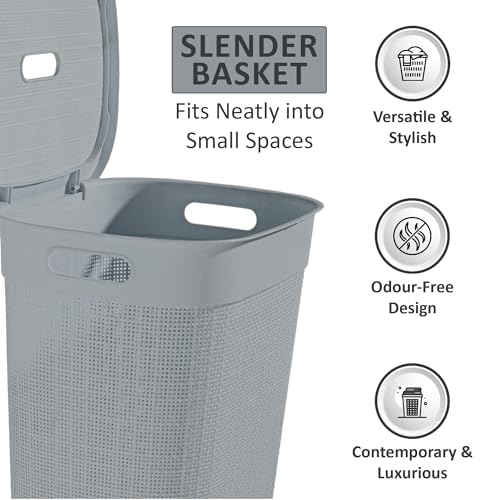 Image of KITCHIVO Plastic Large 55 Ltr Laundry Basket with Lid & Handle | Multipurpose Hamper Bins Storing Washable Clothes, Blankets | Household Ideal for Home & Bathroom (Woods Grey Laundry Basket)