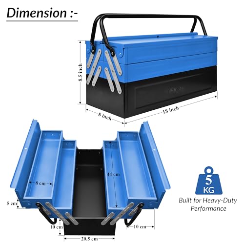 Image of Plantex Metal Tool Box /Tools Box With Large Capacity /Empty Tool Box /Tool Organizer For Carpenter, Garage, And Home Essential Tools - 5 Compartments - (Blue & Black)