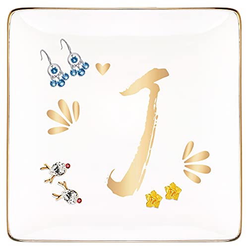 Rarehaus Ceramic Ring Dish, Personalized Ring Dish Dish and Trinket Plates With Gold Initial Jewelry Dish for Your Mother or Best Female Friend(26 Letters) (J)