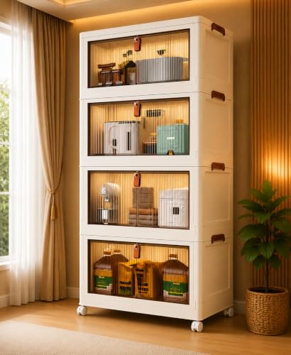 Plastic Wardrobe for Cloths | 4 Layer Stackable Almirah with Hanging Rod, Transparent Doors, Wheels | Foldable Storage Cabinet Organizer for Clothes/Books/Toys (White, 4-Door)