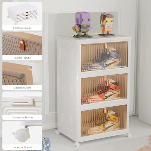 Image of Strassis Design 3 Door Portable Plastic Wardrobe for Bedroom | Large Clothes Almirah with Hanging Rod & Storage Shelves | Dustproof Transparent Doors | Movable Cabinet with Wheels (White)
