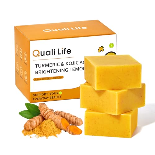 QualiLife Lemon Turmeric Soap For Dark Spot - Kojic Acid Soap Bar with Vitamin C for Face & Body, Natural Ingredients Handmade Soaps for Brightening & Moisturizing, 3 Bars