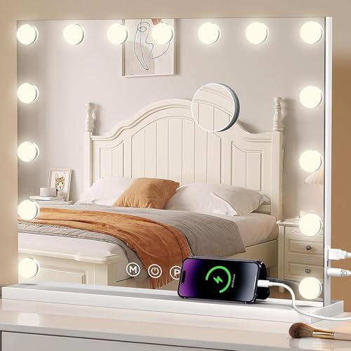 BEHOMHAZQ Hollywood Vanity Mirror with Lights: 58x46cm Makeup Mirror with 15 Dimmable Led Bulbs 3 Lighting Modes Touch Screen Control Tabletop and Wall Mounted for Bedroom