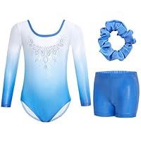 Gogokids Body da ginnastica per ragazze, a maniche lunghe, con strass, per bambini, con pantaloncini da ballo, B-blu Gradiente, 9-10 anni
