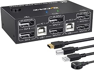 DP Switch KVM 2 PC 2 Monitory, 4K@144Hz Dual Monitor KVM Switch Displayport 1.4, Przełącznik KVM USB dla 4 urządzeń USB klawiatura, mysz, drukarka, z kablem DP i USB