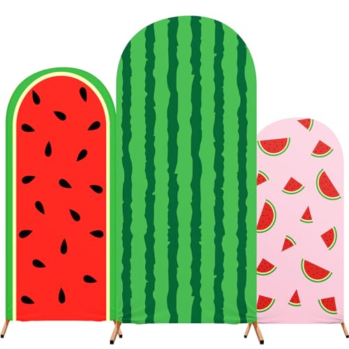 Tingjoo Set of 3 Watermelon Arch Backdrop Cover 4ft 5ft 6ft Summer Watermelon Theme Birthday Party Decoration Spandex Fitted Arch Stand Covers for Wedding Banquets Party
