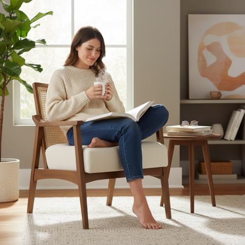 Image of APRODZ Mango Wood Arm Chair for Living Room with Cane Back & Wooden Armrest | Solid Wood Chair for Home Use Bedroom Dining Drawing Room and Balcony | Solid Wood Accent Chair, Brown Finish