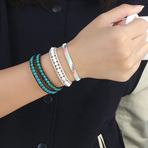 Image of KELITCH Double Wrap Bracelet Women Hand-Braided Turquoise Beads Bracelets Boho Leather Bracelets Bangle