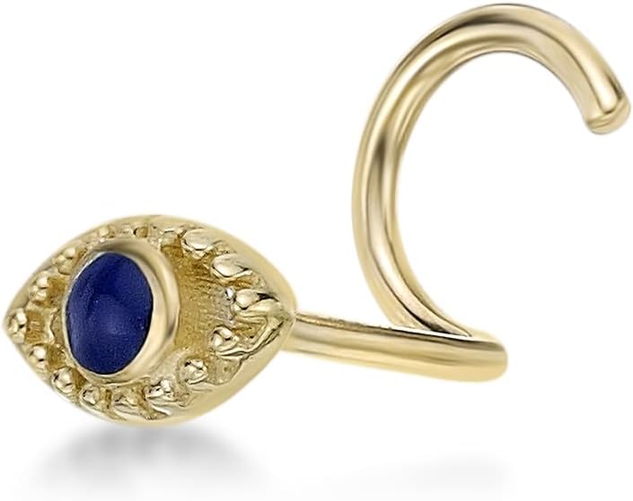 Lavari Jewelers 20 Gauge Evil Eye Curved Screw Nose Stud for Women and Men - 10k Yellow Gold Multicolor Enamel Nose Ring - Unisex Hypoallergenic Nostril Piercing Jewelry - 20G Body Piercing