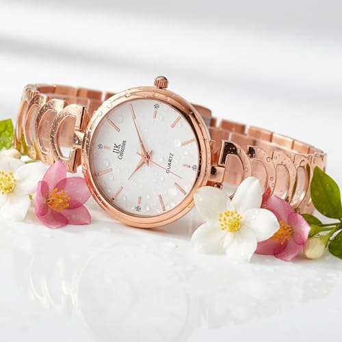 Image of IIK COLLECTION Watches for Women Round Studded Dial |Analogue Quartz Movemnet Ladies Watch|Long Battery Life|Stainless Steel Adjustable Bracelet Chain Strap|Double Lock Clasp Safety Watches for Girls