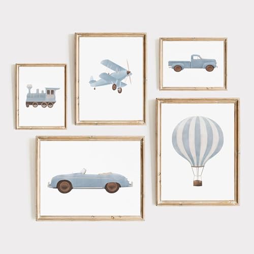 Blue Car Canvas Wall Art Boys Room Canvas Poster Blue Car Air Balloon Plane Train Prints Canvas Painting Picture Vintage Travel Boy Nursery Wall Art Watercolor Toddler Art Prints For Kids Room Decor