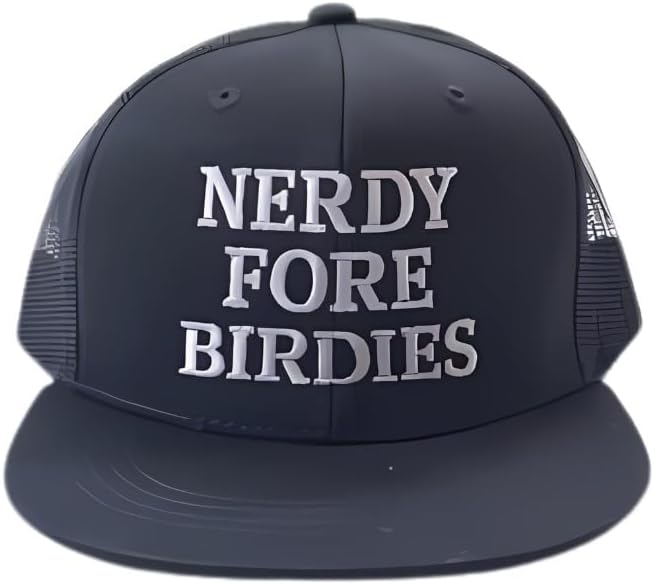 Buffbo Nerdy Fore Birdies Youth Trucker Hat, Black Snapback Youth Golf Hat with Grey Embroidery, Retro Flat Bill, Structured Mesh-Back, Adjustable One Size, Cotton-Mesh Blend for Breathable Comfort