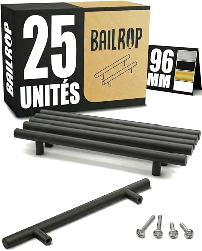 BAILROP Poignée de Meuble Cuisine Noir 96MM - Poignée Noir Meuble en Acier Inox - Poignet de Porte Cuisine et Armoire 25 UNITÉS