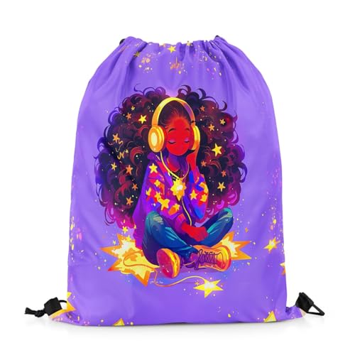 Image of jejeloiu Cute Black Drawstring Backpack 13x15.7inch African American Waterproof Gym Drawstring Bags Music Sports String Backpack Beach Swim Travel Bag Sackpack(No Glitter