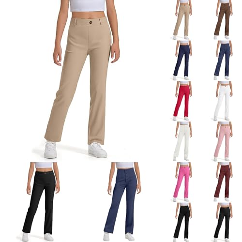Tween Girls School Uniform Stretchy Leggings High Waist Bell Bottom Pants Kids Basic Solid Bootcut Yoga Pants with Pocket