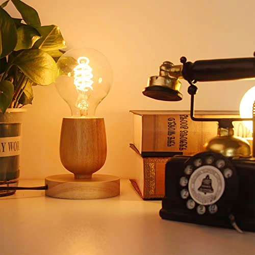 Industrial Wooden Table Lamp - Ceramic Core,Vintage Minimal Style- Home Decor Furniture - Lamp Wood Base-6 Ft Cord On/Off Switch Plug E26/E27- Brow For Bedroom, Living Room Or Officen（Cylindrical） #TOP4
