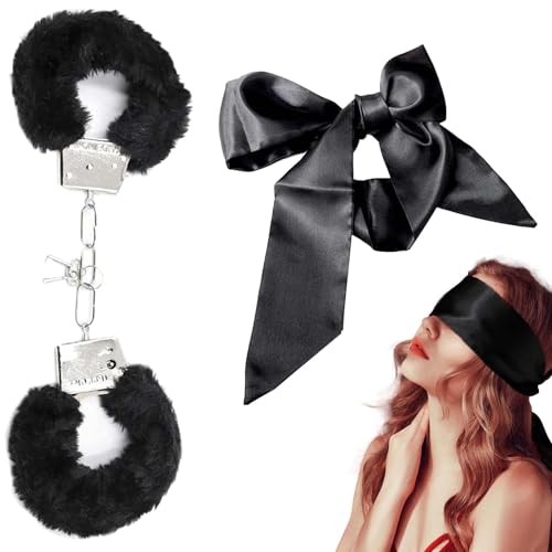 Metal Handcuffs with 2 Keys, Fluffy Satin Handcuffs & Eye Mask Set for Women, Cosplay, Dress-Up Parties, Valentine's Gift (Black)