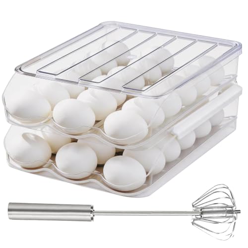 ZKEEWUP Egg Holder for Fridge Automatic Rolling Egg Dispenser for Refrigerator with Lid Stackable 2-Tier Egg Storage Container Clear Food-Grade Egg Organizer for Fridge Kitchen