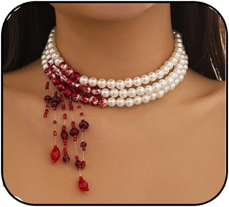 Dripping Vampire Necklace for Women Gothic Blood Pearl Choker Layered Bleeding Pearls Vampire Necklaces Halloween Dark Bridal Vampires Witch Party Jewelry Accessories