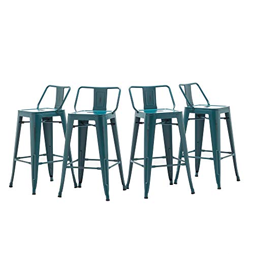 Yongchuang 24" Metal Bar Stools Set Of 4 Industrial Counter Height Stools With Backs Indoor Outdoor Barstools (24" Seat Height Low Back, Distressed Teal Green) #TOP6