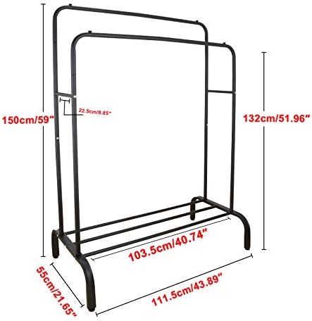 Voilamart Double Hanging Rails for Clothes Heavy Duty Garment Rail Free Standing Metal Clothing Rack Commercial Coat Rail with Shelf for Shoes Boxes, Black