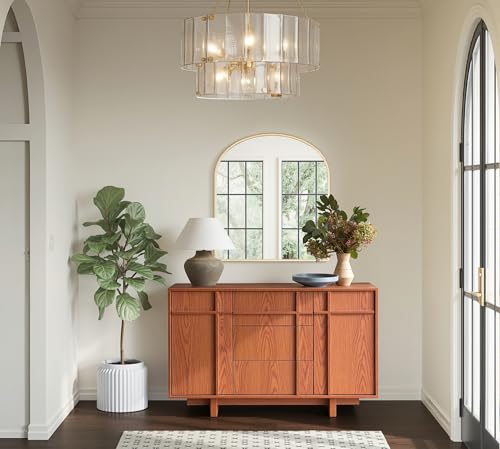 Image of Sideboard Buffet Cabinet with Storage, 47.2 inch Large Sideboard with 2 Doors & 3 Drawers, Mid Century Modern Credenza with Skeleton Line&Wood Grain for Living Room, Kitchen and Entryway, Cherry