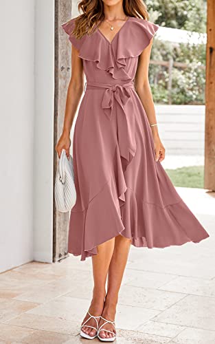 Prettygarden Women's Summer V Neck Ruffle Wrap Tie Maxi Dress Solid Color Flutter Sleeve Holiday Dresses For Women 2023 (Pink,Medium) #TOP1