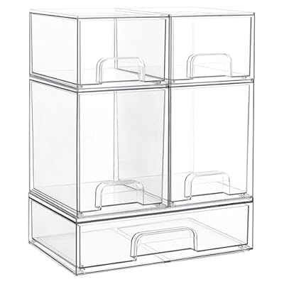 Vtopmart Stackable Storage Drawers Set of 5, Clear Plastic Organizer Bins for Beauty Supplies,Ideal for Vanity, Bathroom,Cabinet,Pantry Organization