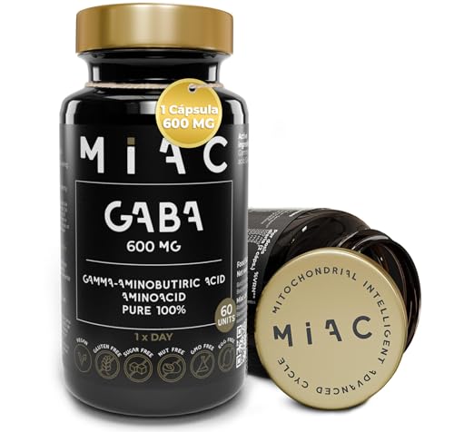 MIAC GABA 600 mg | Reduce el Estrés y Ayuda al Insomnio| 100% Puro | 60 Cápsulas | Vegano | Gaba para Estrés, Ansiedad, Insomnio | Relaja la Musculatura | Sin Gluten