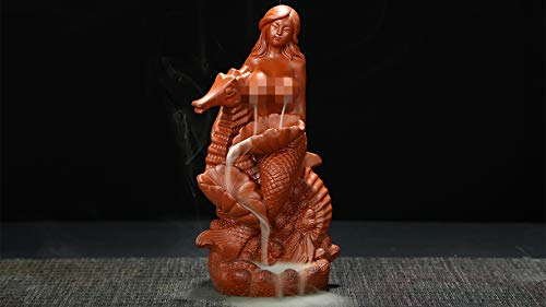 Beauty Mermaid Red Porcelain Backflow Incense Burner Holder With 100 Cones And 1Mat, Statue Figurines Artwork Crafts Gift #TOP1