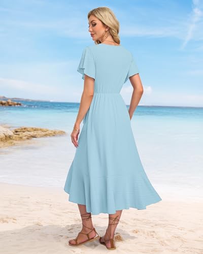 Image of AUSELILY Women Summer Midi Dresses Wrap Short Flutter Sleeve Elegant Dress | High Slit,High-waisted,Ruffled Hem,V-Neck,Fixed-strap Design,Skin-Friendly,Breathability,Wedding Guest Dresses