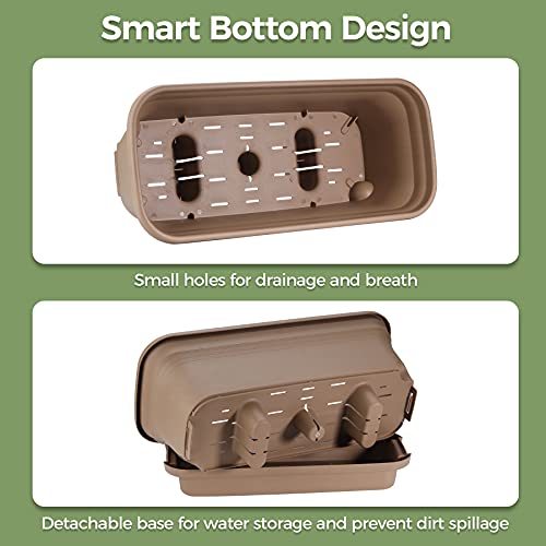 T4U Self Watering Planters Plastic Rectangular Plant Pot, Modern Decorative Flower Pot/Window Box For All House Plants, Flowers, Herbs, African Violets, Succulents - Brown, Set Of 2 #TOP6