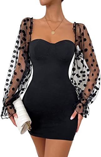 WDIRARA Women's Polka Dots Sweetheart Neck Sheer Flounce Sleeve Bodycon Dress Black M