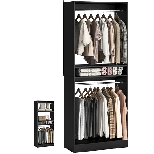 Unikito Freestanding Closet System, 25” Closets Organizer Wardrobe with Hanging Rods & Shelves, Adjustable Clothes Garment Rack, Sturdy Walk in Closet Tower, Easy Assembly, 25"W x 16"D x 80"H, Black