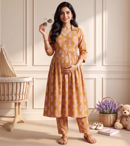 Image of DUMMY SHAPE Maternity Dresses for Women Cotton | Floral Kurta Pant Dupatta Set with Nursing Zippers, Side Pocket | Pre & Post Pregnancy | Feeding Kurti Suit | Baby Shower | Gifts for Pregnant Woman