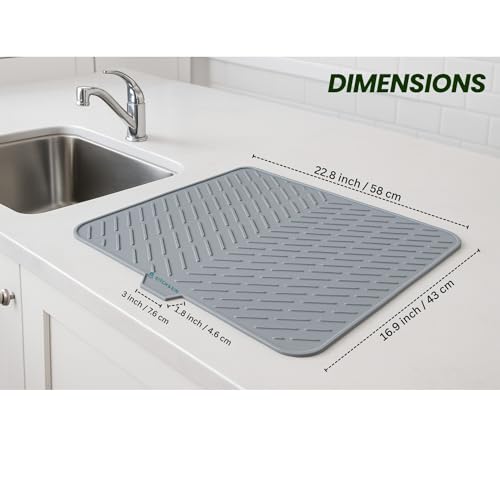 Image of Large Silicone Dish Drying Mat for Kitchen Sink 23 x 17 Inches, Silicone Kitchen Drying Mat with Drain Lip, Dish Drainer Mat for Utensils Plates Cups, Non Slip Sink & Counter Drying Mat