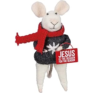Primitives by Kathy Jesus is The Reason for The Season Mouse Critter Great for Housewarming Gift or Any Kitchen or Living Room Red White Charcoal