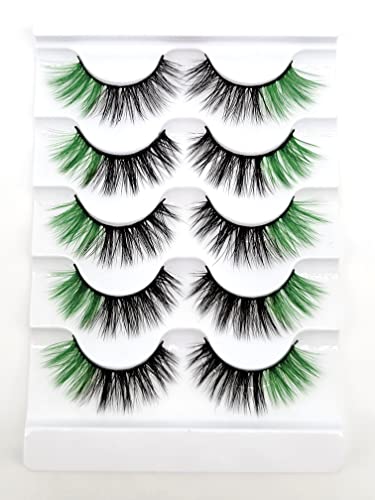 MISSLADY 16mm 5 Pairs Pack 3D Faux Mink Eyelashes with Green Ends Colored Lashes (FM-205 8-16mm Black with Green Ends 5 Pairs)