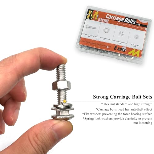 Image of 8 Sets 5 /16 inch-18 x1-1 /2 Carriage Bolts Round Head Square Neck Screws with Hex Nuts Flat Washers Spring Lock Washers 304 Stainless Steel Full Thread Coverage Square Neck Bolts Assortment Kit