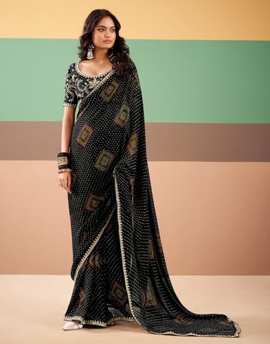 Image of SIRIL Women's Georgette Bandhani Printed, Embroidery Lace Saree With Unstitched Blouse Piece