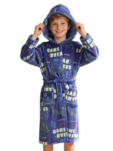 Doctor Unicorn Boys Soft Hooded Bathrobe Kids Warm Gamer Fleece Robe Sleepwear (Navy Game Over-11 Years)