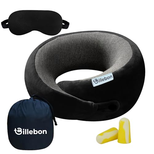 Billebon Ultrasoft Memory Foam Neck Pillow for Travel, Lightweight Comfortable & Breathable Cover, Airplane Travel Pillow Combo with Premium Eye Mask and Carry Bag. (Black)
